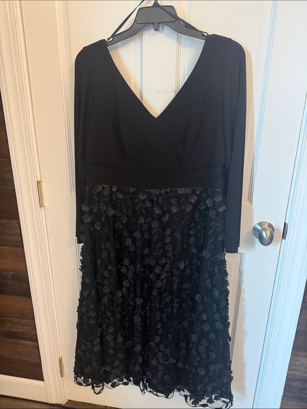 Xscape Black Long Sleeve V-Neck Dress with Floral Appliqué Skirt